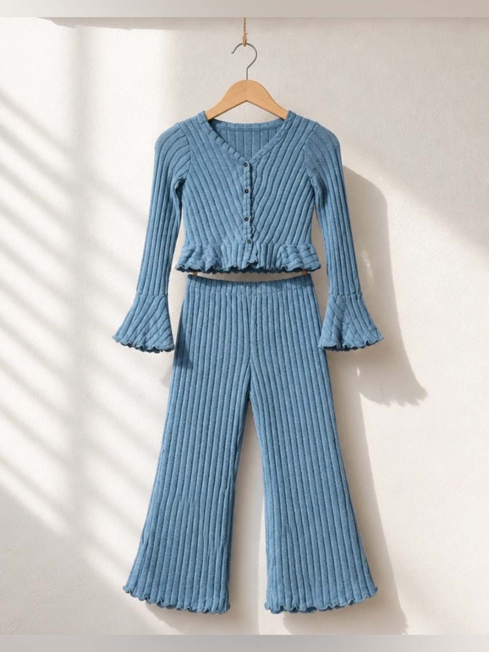 Women’s Loungewear Set Ribbed Blue Button Down Top and Wide Leg Pants Size XL